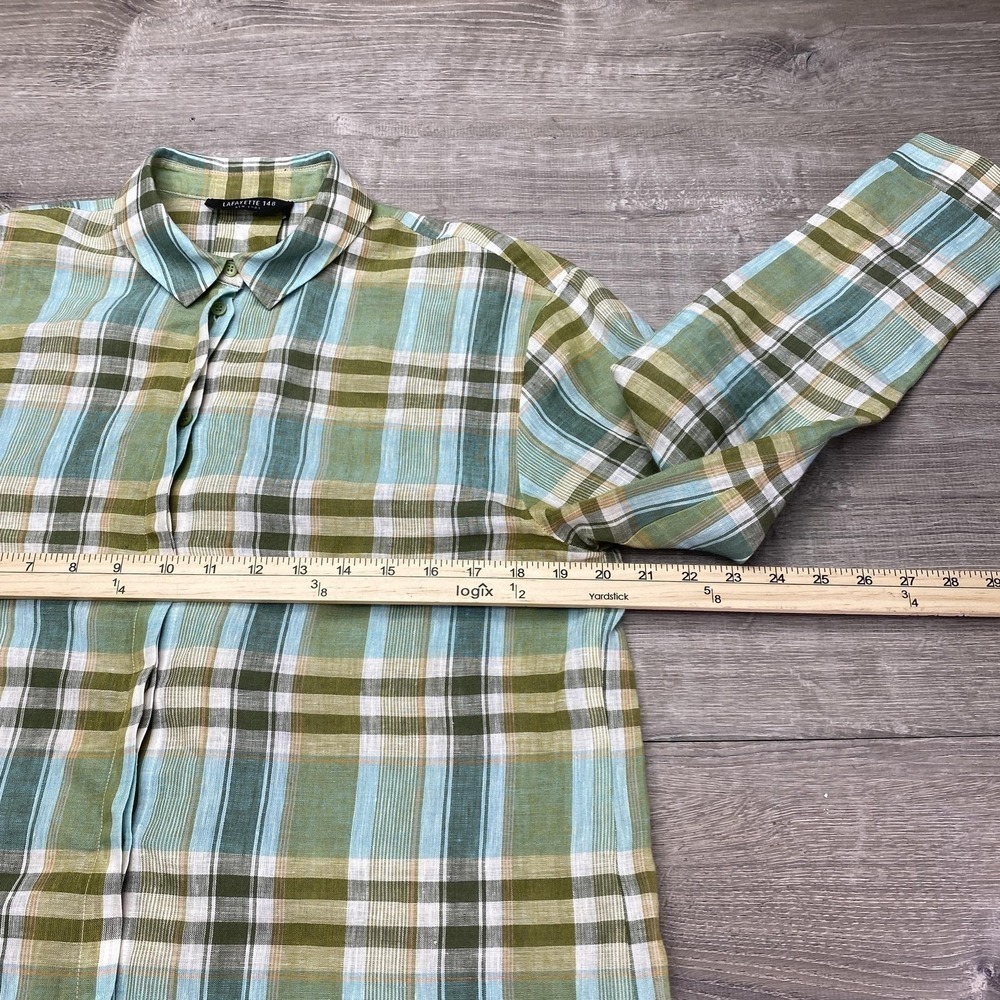 Lafayette 148 Shirt Womens Medium Green Plaid Linen 3/4 Sleeve New York Tunic - Picture 5 of 9